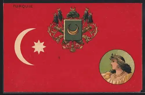 AK Wappen und Fahne der Türkei, Frau mit Schmuck