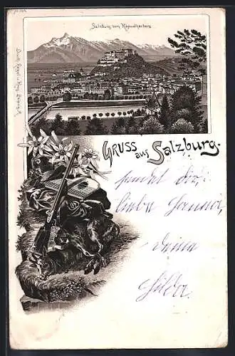 Lithographie Salzburg, Blick vom Kapuzinerberg auf die Stadt, Zither, erlegte Gemse