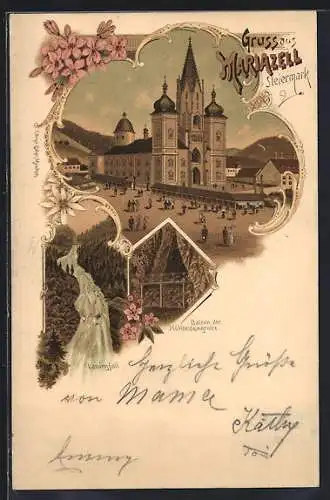 Lithographie Mariazell /Steiermark, Balcon der Höhlensteingrotte, Lassingfall, Partie an der Kirche