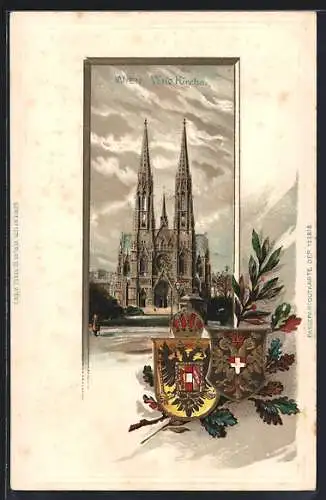 Passepartout-Lithographie Wien, Blick zur Votiv Kirche, Wappen