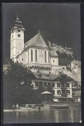 AK Hallstatt, Hotel Kainz mit Blick zur Kirche