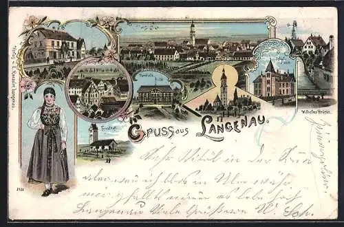 Lithographie Langenau / Württ., Ortsansicht, Marktplatz, Turnhalle, Schulhaus, Friedhof, Frau in Tracht