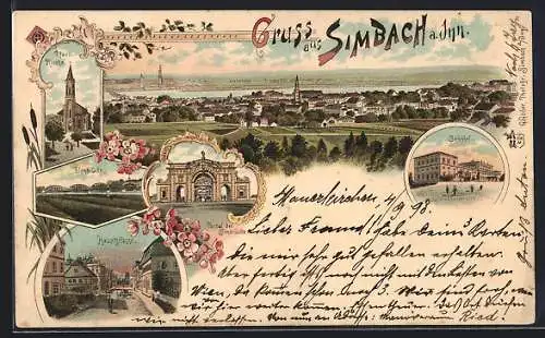 Lithographie Simbach a. Inn, Bahnhof, Hauptstrasse, Innbrücke, Portal d. Innbrücke, Pfarrkirche