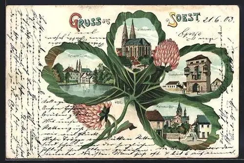 Passepartout-Lithographie Soest, Wiesenkirche, Patroklus-Dom, Osthofenthor