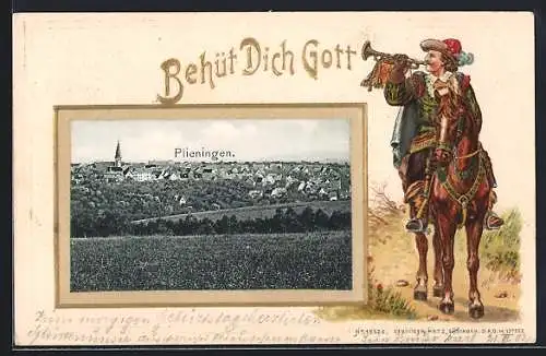 Passepartout-Lithographie Plieningen, Fernblick auf den Ort, Behüt Dich Gott, Trompeter