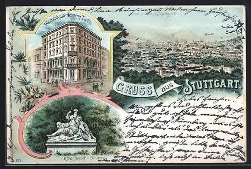 Lithographie Stuttgart, Panorama der Stadt, Warenhaus Hermann Tietz