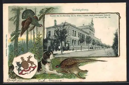 Passepartout-Lithographie Ludwigsburg / W., Kaserne II. Abt. des 2. Württ. Feldart Regt. Prinzregent Luitpold v. Bayern