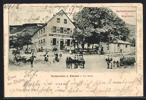 AK Niefern, Restaurant zum Bahnhof von F. Seitz, Bierkutsche