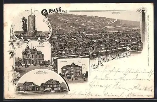 Lithographie Künzelsau, Bahnhof und Restaurant, K. Postamt, Seminar, Panorama