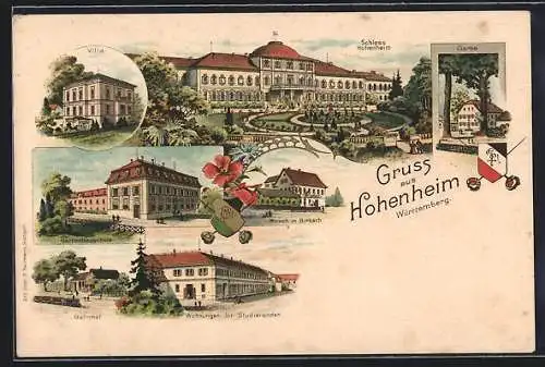 Lithographie Hohenheim / Württemberg, Schloss Hohenheim, Gasthof Hirsch in Birkach und Bahnhof