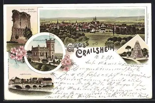 Lithographie Crailsheim, Ruine v. Kloster Anhausen, Wilhelmshöhe, Jagstbrücke, Pyramide