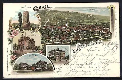 Lithographie Künzelsau, Bahnhof und Restaurant, Warf-Thurm, K. Postamt