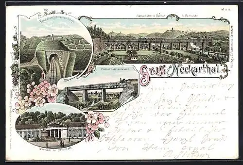 Lithographie Cannstatt, Cursaal, Viaduct über den Neckar, Tunnel am Schnarrenberg