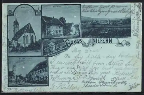 Mondschein-AK Niefern, Strassenpartie mit Gasthaus, Oelmühle, Pfarrhaus, Kirche