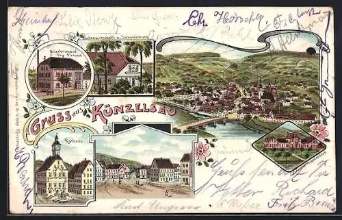 Lithographie Künzelsau, Gasthaus zur Sonnenburg, Bierbrauerei F. Freund, Bezirks-Krankenhaus