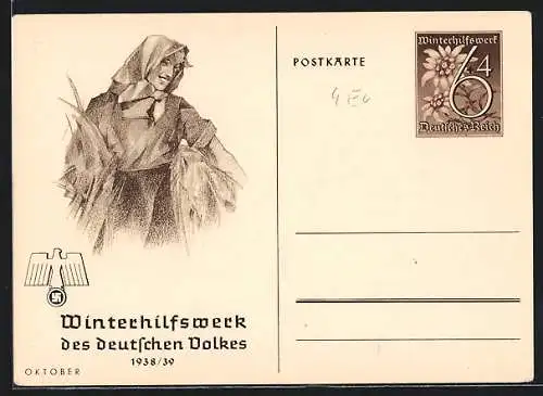 AK WHW Winterhilfswerk des deutschen Volkes 1938-39, Bäuerin, Ganzsache WHW Winterhilfswerk 1938 /39