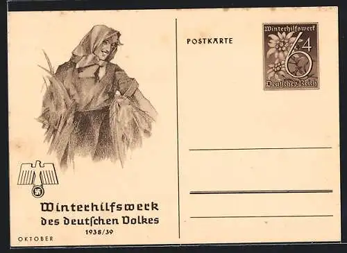 AK WHW Winterhilfswerk des deutschen Volkes 1938-39, Bäuerin bei der Ernte, Ganzsache WHW Winterhilfswerk 1938 /39