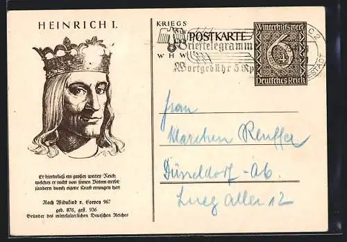 AK Heinrich I., Gründer des mittelalterlichen Deutschen Reiches, Ganzsache WHW Winterhilfswerk