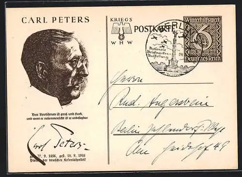 AK Carl Peters, Pionier der deutschen Kolonialpolitik, Ganzsache WHW Winterhilfswerk 6+4 Pfennig