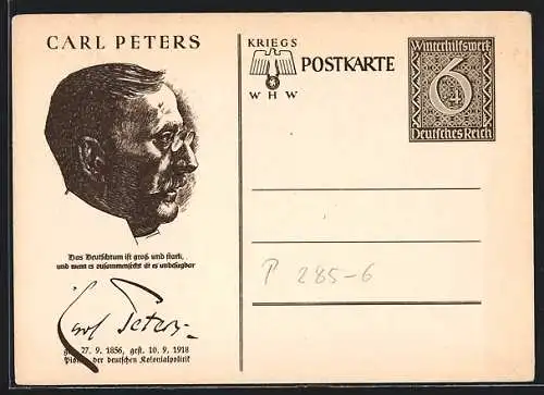 AK Carl Peters im Profil, Pionier der deutschen Kolonialpolitik, Ganzsache WHW Winterhilfswerk 6+4 Pfennig