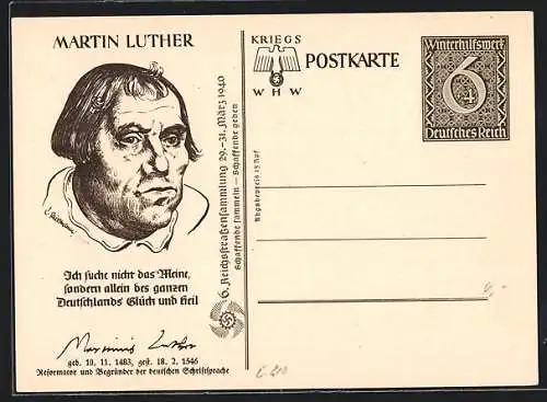 AK Martin Luther, Reformator und Begründer der dt. Schriftsprache, Ganzsache WHW Winterhilfswerk 6+4 Pfennig