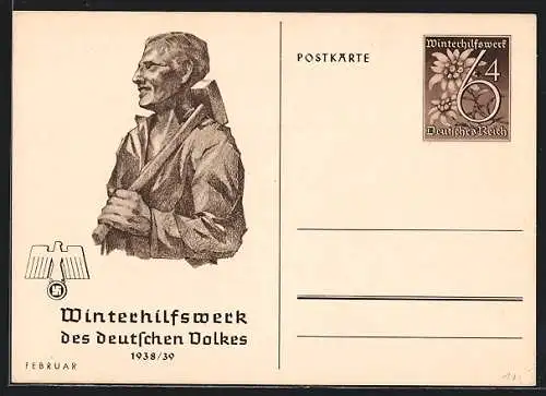 AK WHW Winterhilfswerk des deutschen Volkes 1938-39, Februar, Arbeiter mit Hammer, Ganzsache WHW Winterhilfswerk