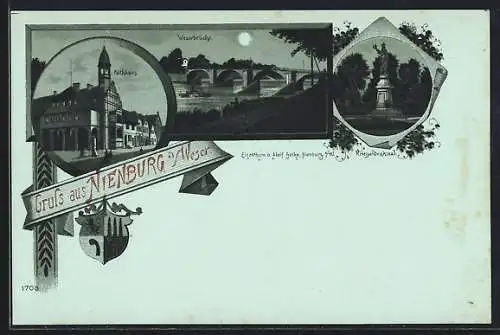 Mondschein-Lithographie Nienburg a. Weser, Rathaus, Weserbrücke und Kriegerdenkmal bei Nacht