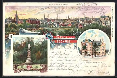 Lithographie Bochum, Jahndenkmal und Oberrealschule