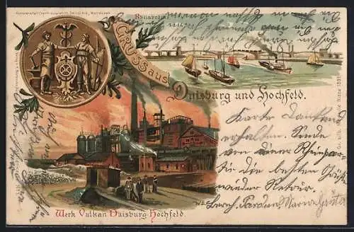 Lithographie Duisburg-Hochfeld, Werk Vulkan, Rheinbrücke