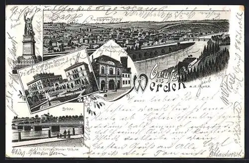 Lithographie Essen-Werden, Krieger-Denkmal, Straf-Anstalt, Brücke