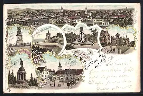 Lithographie Herford, Gesamtansicht, Kriegerdenkmal, Kaiser Wilhelmdenkmal, Externsteine, alter Marktplatz