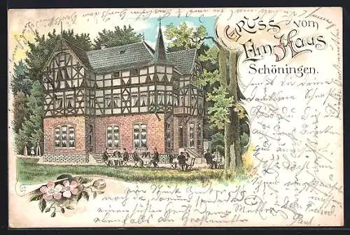 Lithographie Schöningen, Restaurant Elm-Haus mit Gartenlokal