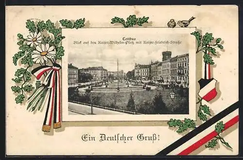 AK Cottbus, Blick auf den Kaiser Wilhelm-Platz mit Kaiser Friedrich-Strasse, Wappen