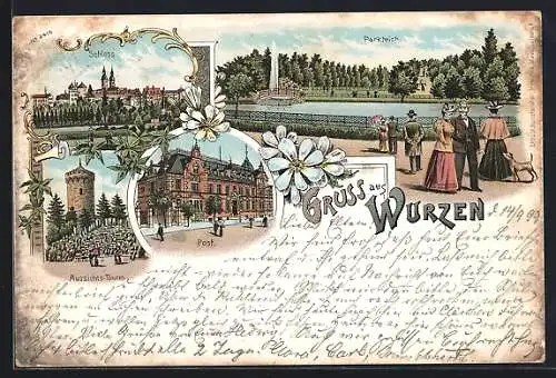 Lithographie Wurzen, Schloss, Post, Aussichts-Turm, Parkteich