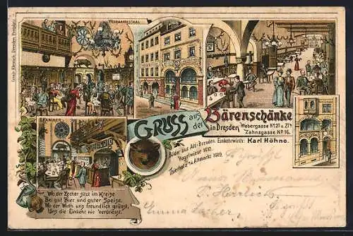 Lithographie Dresden, Gasthaus Bärenschenke, Inh. Karl Höhne, Webergasse 27, Aussen- und Innenansichten