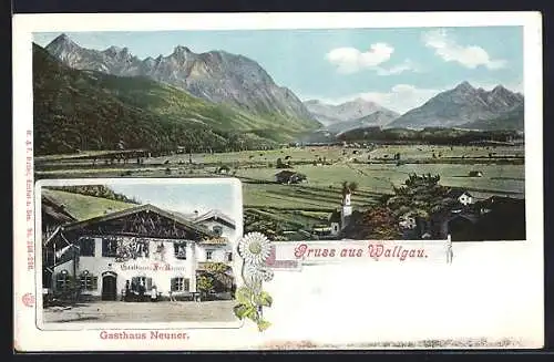 AK Wallgau, Ortsansicht aus der Vogelschau, Gasthaus Neuner