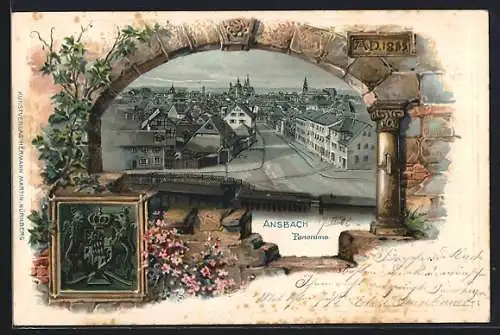 Passepartout-Lithographie Ansbach / Bayern, Strassenpartie im Ort, Wappen