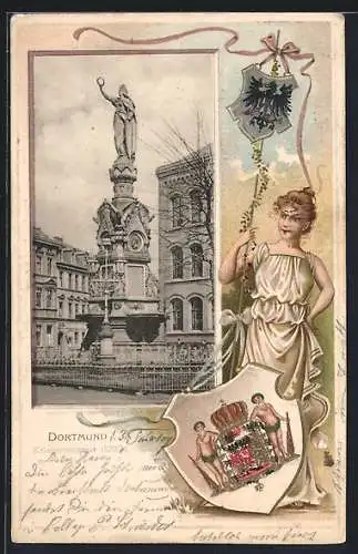 Passepartout-Lithographie Dortmund, Kriegerdenkmal 1870 und Reichswappen