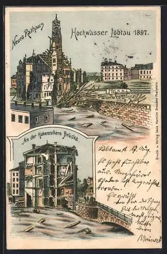 Lithographie Dresden-Löbtau, Hochwasser 1897, zerstörtes Neues Rathaus, an der Hohenzollern-Brücke