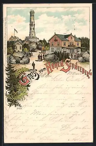 Lithographie Hoher Schneeberg, Gasthaus & Aussichtsturm