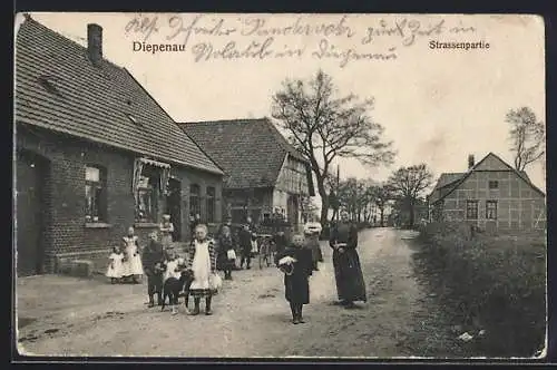 AK Diepenau, Strassenpartie mit Kindern und Hund