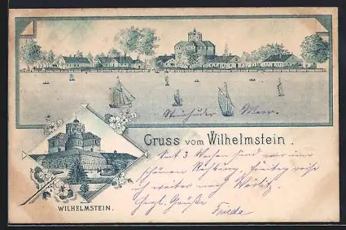 Lithographie Wilhelmstein, Ortspartie mit Booten