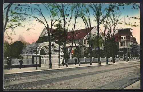 AK Treptow, Gasthaus Spreegarten von der Strasse aus