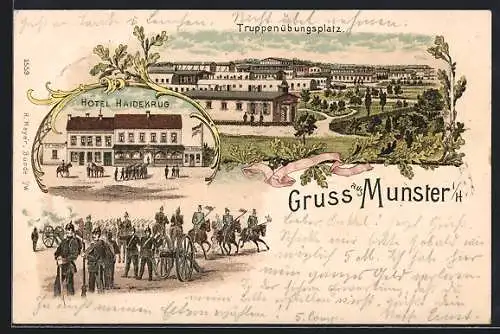 Lithographie Munster i. H., Hotel Haidekrug, Manöver, Truppenübungsplatz