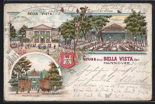 Lithographie Hannover, Gasthaus Bella Vista, Haupteingang und Garten mit Rotunde