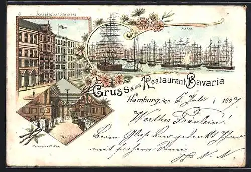 Lithographie Hamburg, Restaurant Bavaria, Hafen und Saal