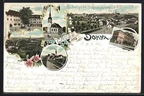 Lithographie Dohna, Gasthaus Ratskeller, Apotheke, Kirche, Ortsansicht