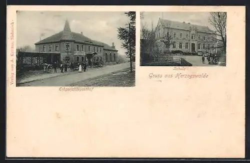 AK Herzogswalde, Gasthaus Erbgericht, Schule, Pferdekutsche, Kuh