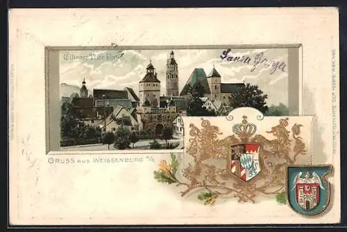 Passepartout-Lithographie Weissenburg a. S., Partie am Ellinger-Tor, Stadtwappen & Kgl. Wappen Bayern