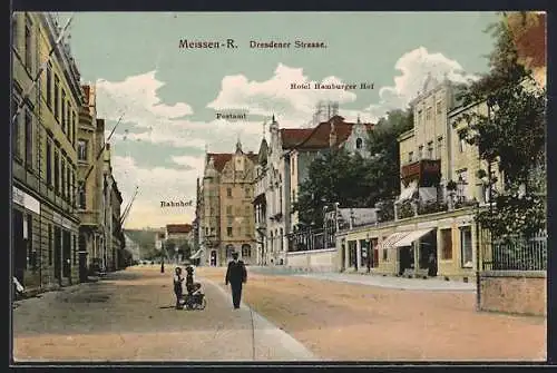 AK Meissen / Elbe, Hotel Hamburger Hof, Dresdner Strasse, Postamt, Bahnhof